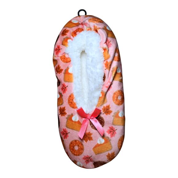 Fuzzy Babba Sherpa Lined Slipper Socks Women’s OSFM Pink Donut Pie Fall Print - Picture 3 of 4